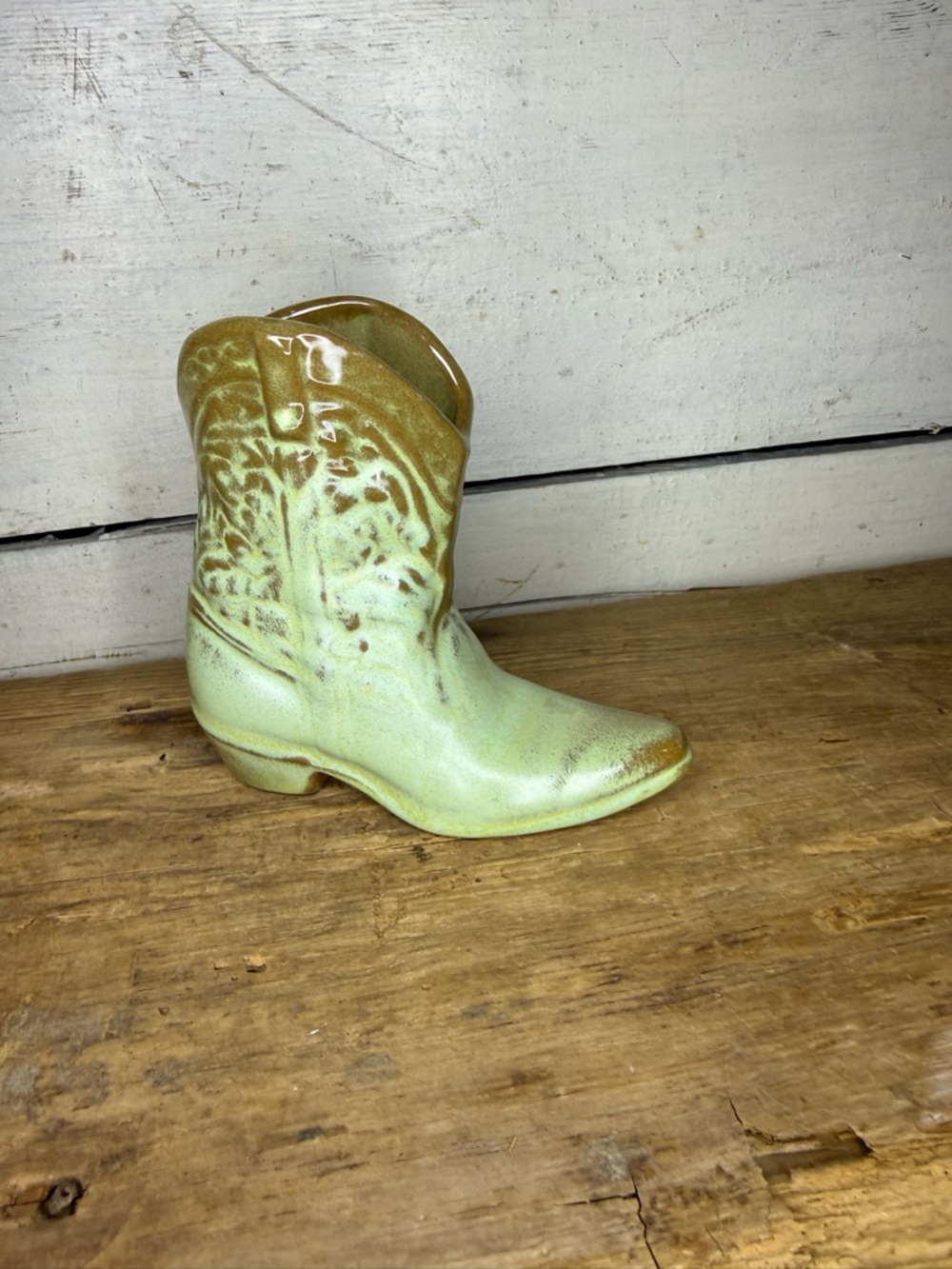 Vintage Frankoma Pottery 134  Cowboy Boot Desert Gold Green Glaze 4 1/2"